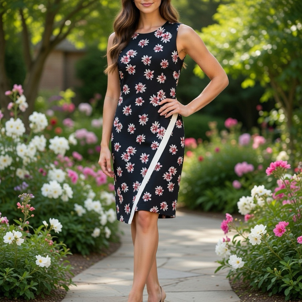 Tommy Hilfiger Black Floral Midi Dress Sleeveless Scuba Fabric Bodycon Fit